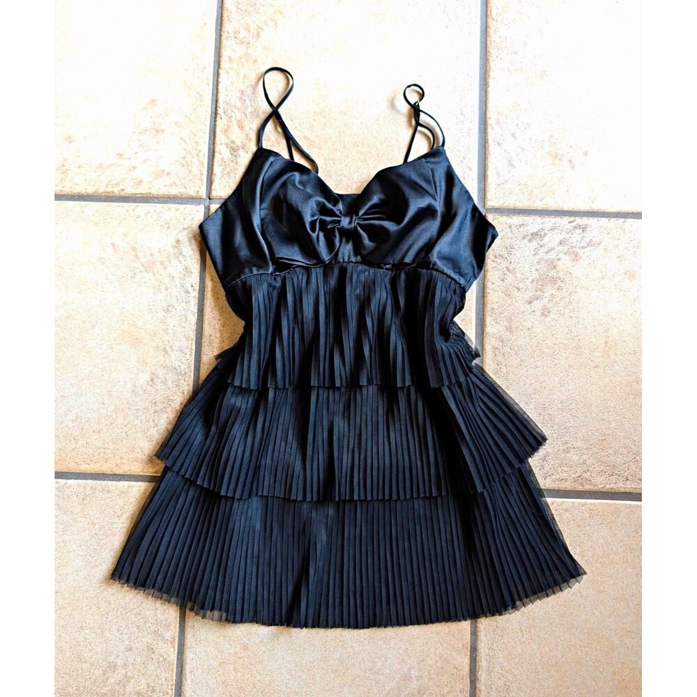 Victoria's Secret M Black Satin Mesh Pleated Bow Mini Dress Party Lingerie